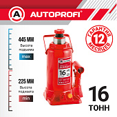 Домкрат гидравлический AUTOPROFI бутылочный 16т 455мм в кейсе DG-16